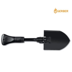 Fällbar Gerber Gorge spade med svart finish, robust spadhuvud och bekvämt grepp.
